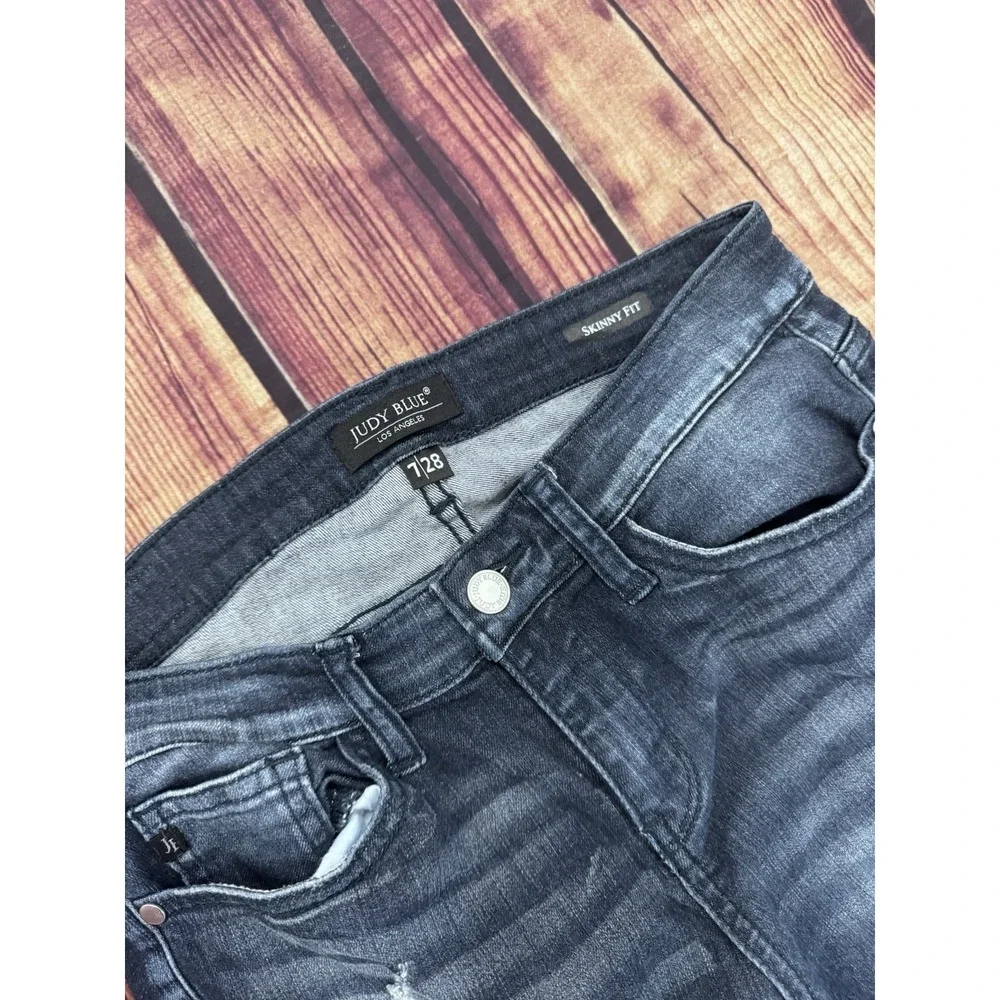 Judy Blue Girls Skinny Dark Wash Distressed Blue Jeans Button Closure